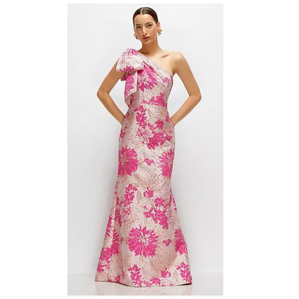 NEW Alfred Sung One-Shoulder Metallic Floral Jacquard Trumpet Gown Size 8